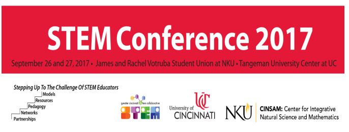 Poster for University of Cincinnati STEM Conference 2017 in red. September 26 and 27, 2017 at NKU and UC.